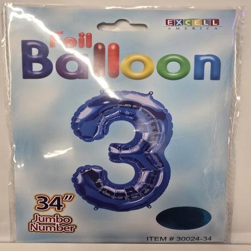 Foil Balloon 34 inches Blue color. Number 3. Birthday