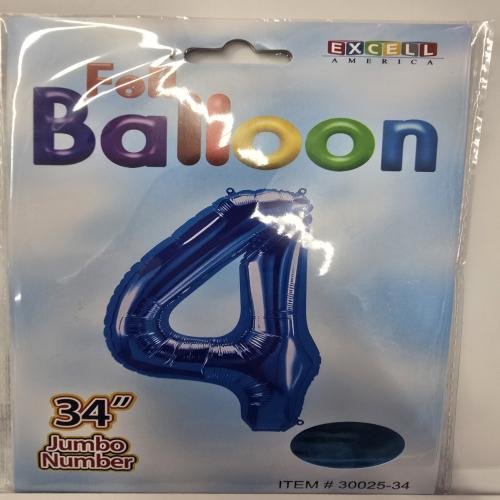 Foil Balloon 34 inches Blue color. Number 4. Birthday