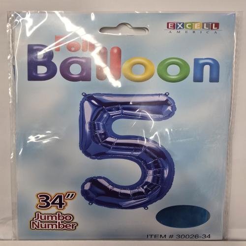 Foil Balloon 34 inches Blue color. Number 5. Birthday